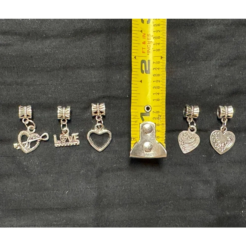Set of 5 Silver Heart / Love themed Charms for Bracelet / Necklaces